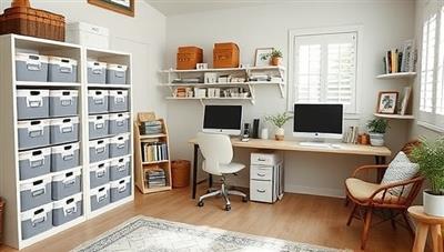 An inviting and organized home office space with labeled storage bins, a clutter-free desk, and a cozy reading nook, showcasing the transformation from chaos to order through virtual home organization services.