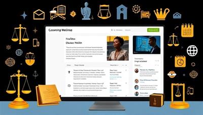 An online legal community platform interface showcasing legal articles, discussion threads, and a calendar of upcoming webinars, surrounded by legal symbols and icons representing various legal fields, fostering a sense of community and knowledge sharing.