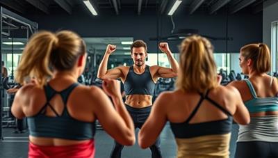 An energetic and dynamic workout scene featuring a virtual fitness coach leading a group exercise session, with participants following along on their screens, displaying sweat, determination, and teamwork, capturing the essence of FitFusion Coaching's virtual fitness experience.