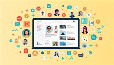 An artistic representation of a digital platform interface showcasing diverse niche influencers and their specialized content, surrounded by icons representing various niche industries, highlighting the targeted and authentic nature of NicheNet's influencer partnerships.