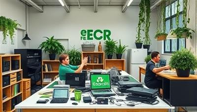 An eco-conscious workspace showcasing a team disassembling old electronics for recycling, with a focus on sustainability and responsible tech disposal, creating a visually impactful representation of EcoTech Renew's mission.