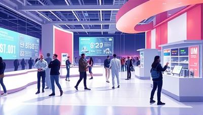 An animated illustration of a virtual event space with digital avatars mingling, interactive screens displaying event schedules, and virtual vendors showcasing their services, creating a futuristic and engaging atmosphere.