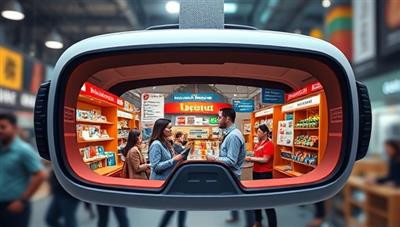 A futuristic VR headset displaying a vibrant language marketplace with virtual language tutors and students engaging in conversations in various languages, creating an immersive learning environment.