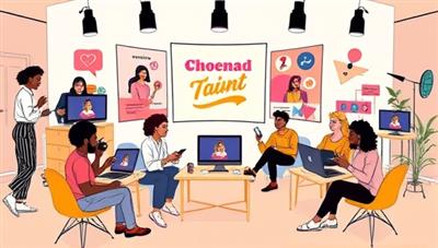 A vibrant virtual talent agency setup showcasing a diverse group of content creators, digital artists, and influencers collaborating on creative projects, attending virtual brand pitch meetings, and engaging with their audience online, illustrating a dynamic and supportive content creator community.