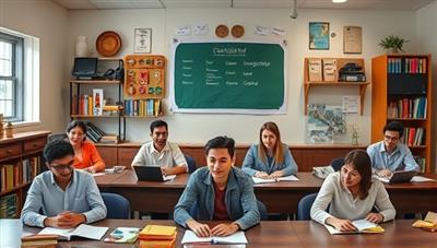 A virtual classroom setting with diverse participants engaged in lively language discussions, with language textbooks and cultural artifacts in the background, fostering a collaborative and educational atmosphere.