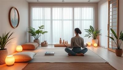 A tranquil virtual meditation space with soft lighting, cozy cushions, and a meditation instructor guiding participants through a calming mindfulness session, surrounded by nature-inspired decor and peaceful ambiance, fostering a sense of relaxation and serenity for inner reflection and rejuvenation.