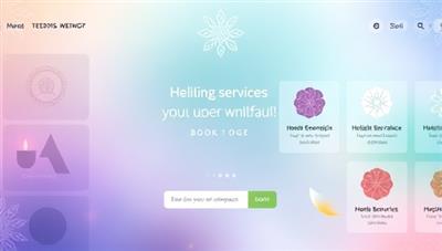 An ethereal virtual marketplace interface showcasing various holistic services available for booking, with soothing colors, mystical symbols, and serene imagery representing different healing modalities, inviting users into a realm of well-being and harmony.