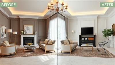 An elegant virtual room visualization with before-and-after design transformations, showcasing the impact of virtual interior design consultations in enhancing living spaces and inspiring clients.