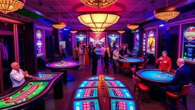 A vibrant and dynamic event setting with a temporary pop-up casino featuring colorful lights, diverse gaming tables, and enthusiastic guests enjoying the immersive gambling experience, capturing the excitement and energy of Casino Spectra's mobile casino events.