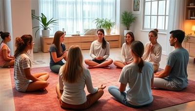 An engaging mindfulness class setting with teenage participants seated in a circle, practicing meditation and deep breathing exercises under soft lighting and serene decor, conveying a sense of tranquility and emotional support for teen mental wellness.