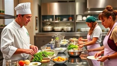 An interactive virtual cooking class scene featuring a chef guiding participants through a hands-on culinary experience, with ingredients, kitchen utensils, and cooking stations visible in the background, showcasing the immersive and educational aspect of culinary learning at CulinaryConnect Live.