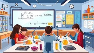 An engaging illustration of a virtual STEM lab with students conducting experiments, building robots, and solving equations on a digital whiteboard, surrounded by scientific equipment and colorful charts, emphasizing the hands-on and interactive nature of STEMpros tutoring sessions.