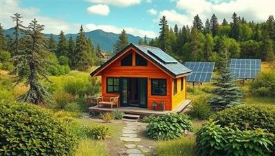 A serene landscape featuring a beautifully crafted tiny home surrounded by lush greenery and solar panels, showcasing harmony between nature and modern living.