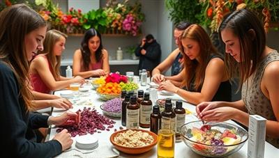 A vibrant workshop setting with participants creating their own skincare products, surrounded by colorful botanical ingredients, essential oils, and elegant packaging materials, capturing the essence of natural beauty and hands-on creativity.