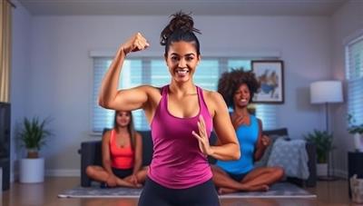 A dynamic image of a virtual fitness coach leading an energetic workout session via video call, with a diverse group of participants following along from their homes, showcasing convenience and engagement.