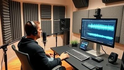 An editing suite setup with a professional working on a podcast episode, surrounded by soundproofing panels, microphones, and a computer screen displaying audio waveforms, showcasing the behind-the-scenes of podcast production.