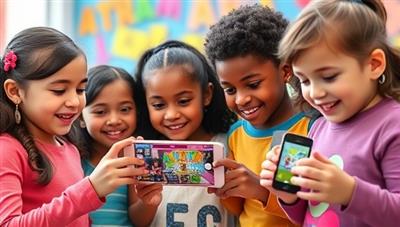 A group of children enthusiastically playing an educational AR game on their smartphones in a vibrant, dynamic setting, showcasing the interactive and engaging nature of the game.