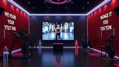 A modern and sleek virtual fitness studio setup with a large screen displaying a live workout session, surrounded by fitness equipment, water bottles, and motivational quotes, creating an immersive and energetic atmosphere.