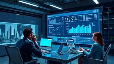 A futuristic office setting with a virtual assistant hologram analyzing financial data projections in real-time, with a diverse team of professionals engaging in a virtual meeting, symbolizing cutting-edge financial services and innovation.