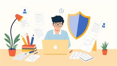 An illustrative representation of a freelancer working at a desk surrounded by tax forms and documents, with a shield symbolizing protection and security provided by SoloTax Shield's subscription service, conveying peace of mind and financial well-being.