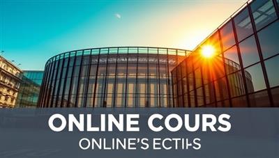 An online course promotional image featuring a stunning architectural photograph of a modern building illuminated by golden sunlight, with overlays of camera settings and editing tools, showcasing the blend of creativity and technical skills in architectural photography.