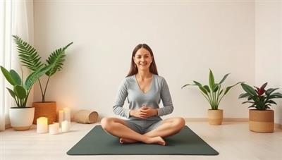 A serene virtual coaching environment with a wellness coach conducting a mindfulness session, surrounded by calming elements like candles, plants, and yoga mats, creating a peaceful and nurturing space for self-care and personal growth.