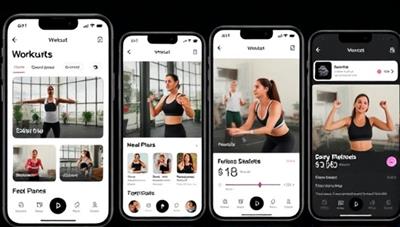 A sleek and modern app interface showcasing workout videos, meal plans, and progress tracking features, with a diverse group of individuals working out in different settings, emphasizing inclusivity and accessibility.