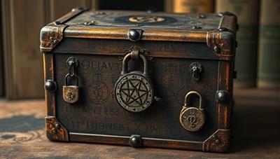 An intriguing and mysterious box covered in cryptic symbols and locks, hinting at the enigmatic contents waiting to be discovered inside, evoking a sense of anticipation and curiosity.