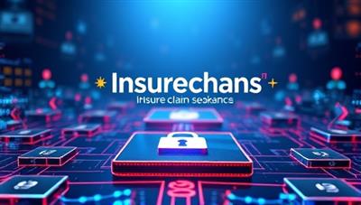 A futuristic digital platform interface displaying InsureChain's blockchain-based claims processing system, with secure blocks of data interconnected in a transparent and tamper-proof network, signaling trust and efficiency in insurance claim settlements.