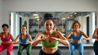 A dynamic and energetic virtual workout session with a coach guiding a diverse group of participants through a high-intensity exercise routine, showcasing inclusivity and motivation.