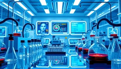An immersive virtual science laboratory scene with digital equipment, test tubes, beakers, and interactive data displays, showcasing a futuristic and educational setting for virtual experiments and scientific exploration.
