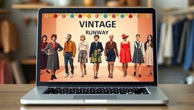 A digital vintage fashion runway displayed on a laptop screen, featuring a collection of retro outfits, accessories, and upcycled pieces showcased by virtual models in a creative and stylish setting, capturing the essence of timeless fashion and sustainable style choices in a virtual marketplace.