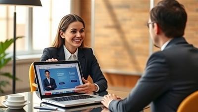 A professional and dynamic image showcasing a virtual career coach conducting a mock interview with a client, offering feedback and guidance on interview techniques, with a laptop displaying a job search platform in the background, symbolizing career development and coaching services provided by the platform.