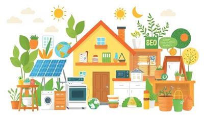 A digital illustration featuring a diverse range of eco-friendly home improvement products such as solar panels, energy-efficient appliances, and recycled building materials, showcasing the variety and sustainability focus of the online marketplace.