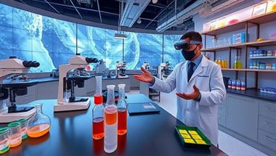 An immersive virtual science lab environment with digital beakers, microscopes, and test tubes, accompanied by a virtual scientist guiding users through an exciting experiment, creating a realistic and educational setting.