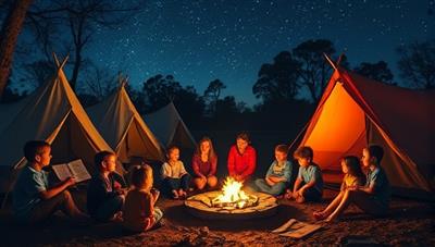 An outdoor storytelling camp scene with children gathered around a campfire, listening intently to a storyteller spinning tales under a starlit sky, surrounded by tents and nature elements, evoking a sense of wonder and creativity at WildTales Camps.