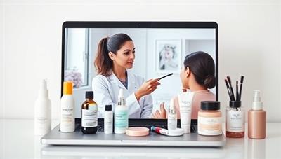 A virtual beauty consultation session displayed on a laptop screen, showing a beauty expert discussing skincare routines with a client, surrounded by various beauty products and tools, creating a personalized and interactive beauty experience.