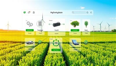 An engaging visual featuring a virtual marketplace interface with a diverse range of sustainable agri-tech products displayed, surrounded by lush green fields and wind turbines, symbolizing the blend of technology and nature in agriculture.