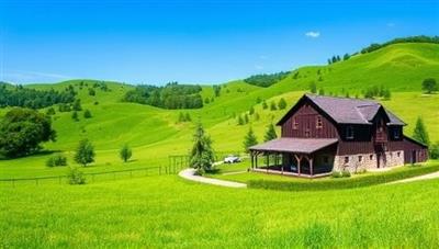 A serene landscape image of a lush green farm retreat surrounded by rolling hills and clear blue skies, featuring a rustic barn, vegetable gardens, and cozy eco-friendly accommodations, inviting travelers to experience the tranquility and sustainability of GreenHarvest Escapes.