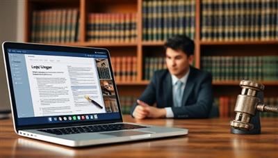 An image of a virtual meeting setup with a laptop displaying legal documents, a professional lawyer engaging in a video call with a client, and a bookshelf with law books in the background, conveying a modern and accessible legal service.