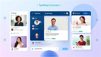 A dynamic visual of TaxWise Connect's virtual marketplace interface showcasing profiles of tax advisors and experts, with users engaging in consultations via video calls and chat functionalities, highlighting convenience and expertise in tax advisory services.