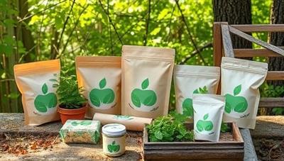 An image of biodegradable packaging materials creatively displayed in a natural setting, showcasing the products' eco-friendly features and emphasizing the connection to nature and sustainability.