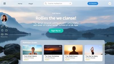 An online meditation platform interface showcasing a serene virtual environment with calming nature sounds, tranquil visuals, and a selection of meditation classes to choose from, accompanied by testimonials from users describing the relaxation and mental clarity they experience, promoting a sense of peace and well-being.