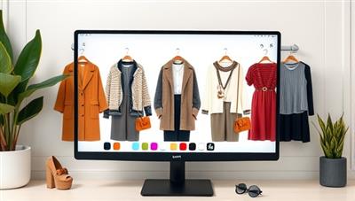 A stylish virtual styling session with a computer screen displaying different outfit options, fashion accessories, and color palettes, creating a visually appealing and trendy atmosphere.