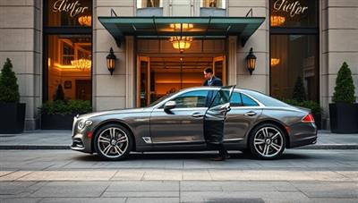 An elegant luxury car parked in front of a grand hotel entrance, with a valet opening the door, symbolizing the high-end automotive concierge experience.