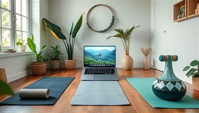 A serene and tranquil home workout space with yoga mats, fitness equipment, and a laptop displaying a virtual fitness retreat session, surrounded by greenery and calming decor, creating a refreshing and inviting wellness atmosphere.