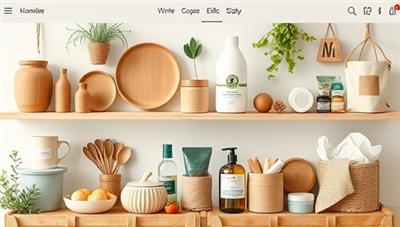 An aesthetically pleasing online marketplace interface showcasing a variety of eco-friendly products, including reusable kitchenware, organic skincare, biodegradable packaging, and sustainable fashion items, evoking a sense of environmentally conscious shopping and lifestyle choices.