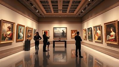 A virtual art gallery space filled with exquisite artworks displayed on digital screens, avatars of users exploring the collection, and a virtual auctioneer guiding a bidding session, conveying the elegance and sophistication of online art auctions on the platform.