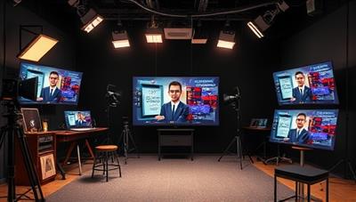 An artistic representation of a video production studio with screens displaying dynamic video ad content tailored to different audience personas, surrounded by creative props and lighting setups, illustrating the personalized and engaging nature of VidPersona Creations' video ad services.