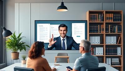 A virtual law office setup with a lawyer consulting with a group of startup founders via video call, legal documents displayed on screen, and a digital law library in the background, symbolizing virtual legal consulting for startups.